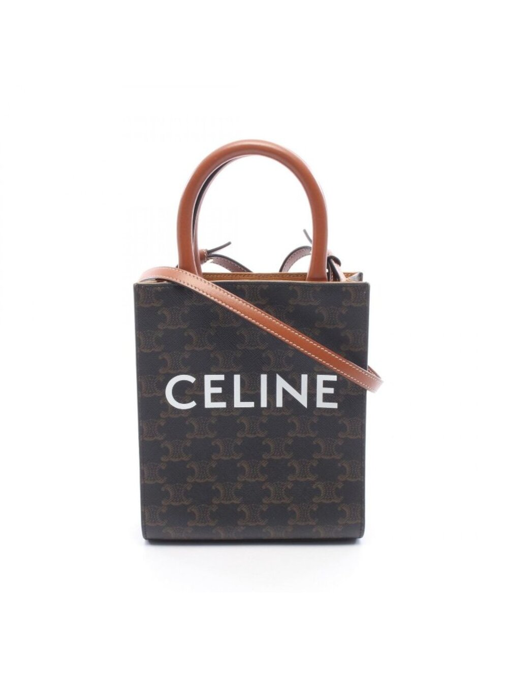Celine Handbag Mini Vertical Cover Triomphe 2-Way Black Brown Canvas Leather
